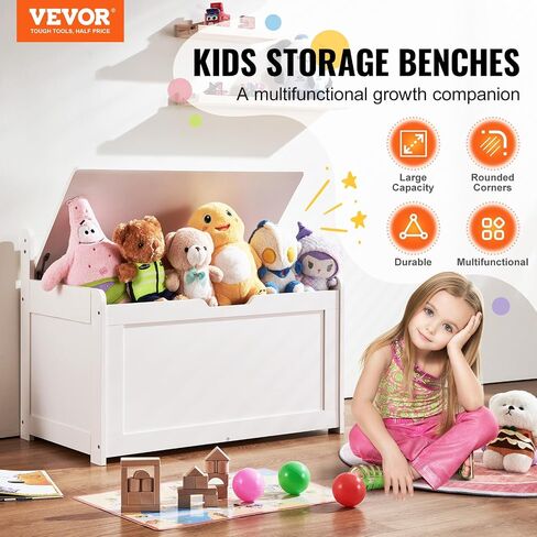 VEVOR Wooden Toy Chest for Kids, Toddler Toy Storage Box with Flip-Top Lid and Safety Hinge, 32.68 x 17.91 x 24.02 Large Kids Storage Bench for Playroom, Bedroom, Living Room or Entryway, White in Saudi Arabia