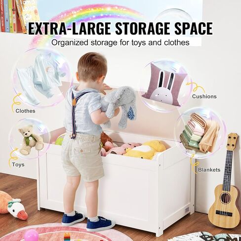 VEVOR Wooden Toy Chest for Kids, Toddler Toy Storage Box with Flip-Top Lid and Safety Hinge, 32.68 x 17.91 x 24.02 Large Kids Storage Bench for Playroom, Bedroom, Living Room or Entryway, White in Saudi Arabia