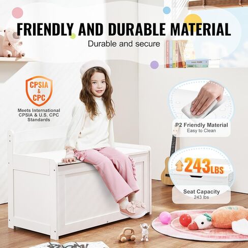 VEVOR Wooden Toy Chest for Kids, Toddler Toy Storage Box with Flip-Top Lid and Safety Hinge, 32.68 x 17.91 x 24.02 Large Kids Storage Bench for Playroom, Bedroom, Living Room or Entryway, White in Saudi Arabia