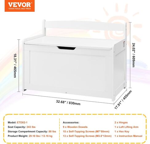 VEVOR Wooden Toy Chest for Kids, Toddler Toy Storage Box with Flip-Top Lid and Safety Hinge, 32.68 x 17.91 x 24.02 Large Kids Storage Bench for Playroom, Bedroom, Living Room or Entryway, White in Saudi Arabia