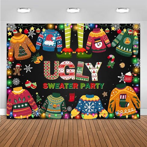 Mocsicka Ugly Sweater Party Backdrop Christmas Elfed Up Ugly Sweater Party Decoration Ugly Christmas Sweater Party Banner Photo Booth Props (7x5ft(82''x60'')) in Saudi Arabia