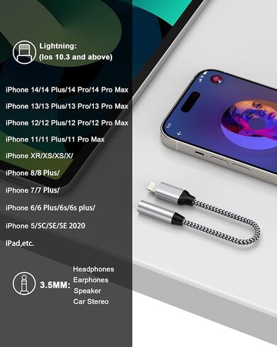 [Apple MFi Certified] Lightning to 3.5mm Aux Adapter for iPhone, Pad, and iPod - High-Fidelity Headphone Jack Adapter- Lightening Dongle for iPhone 14 13 12 11 Pro Max/Pro/Plus in Saudi Arabia