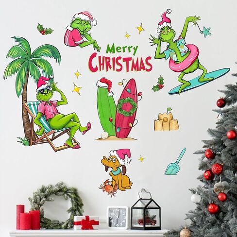 Mfault Merry Christmas Beach ملصقات الحائط، عيد الميلاد الساحلية الكرتون ماكس الكلب شجرة النخيل ركوب الأمواج ديكورات غرفة النوم الفن، السنة الجديدة 2025 المنزل المطبخ غرفة المعيشة ديكور هدايا عطلة الشتاء in Kuwait