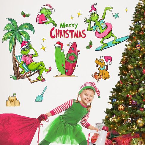 Mfault Merry Christmas Beach ملصقات الحائط، عيد الميلاد الساحلية الكرتون ماكس الكلب شجرة النخيل ركوب الأمواج ديكورات غرفة النوم الفن، السنة الجديدة 2025 المنزل المطبخ غرفة المعيشة ديكور هدايا عطلة الشتاء in Kuwait