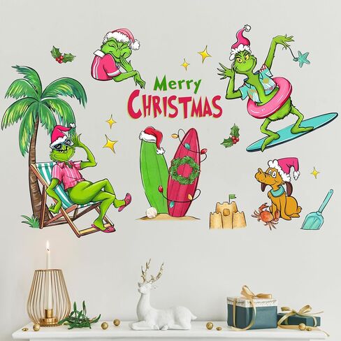 Mfault Merry Christmas Beach ملصقات الحائط، عيد الميلاد الساحلية الكرتون ماكس الكلب شجرة النخيل ركوب الأمواج ديكورات غرفة النوم الفن، السنة الجديدة 2025 المنزل المطبخ غرفة المعيشة ديكور هدايا عطلة الشتاء in Kuwait