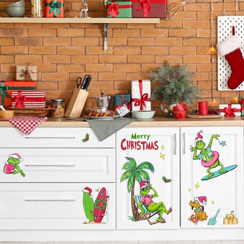 Mfault Merry Christmas Beach ملصقات الحائط، عيد الميلاد الساحلية الكرتون ماكس الكلب شجرة النخيل ركوب الأمواج ديكورات غرفة النوم الفن، السنة الجديدة 2025 المنزل المطبخ غرفة المعيشة ديكور هدايا عطلة الشتاء in Kuwait