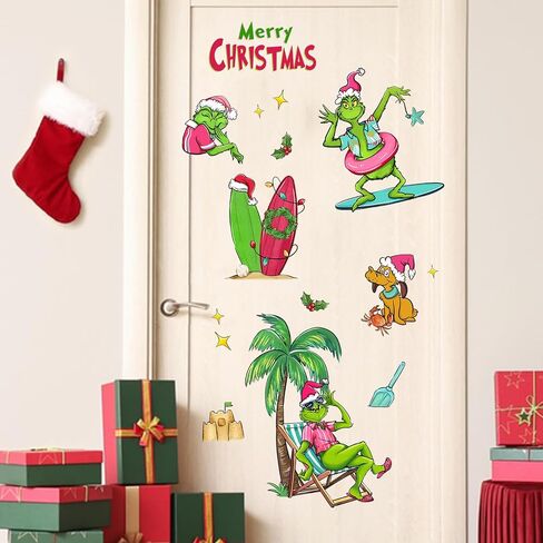 Mfault Merry Christmas Beach ملصقات الحائط، عيد الميلاد الساحلية الكرتون ماكس الكلب شجرة النخيل ركوب الأمواج ديكورات غرفة النوم الفن، السنة الجديدة 2025 المنزل المطبخ غرفة المعيشة ديكور هدايا عطلة الشتاء in Kuwait