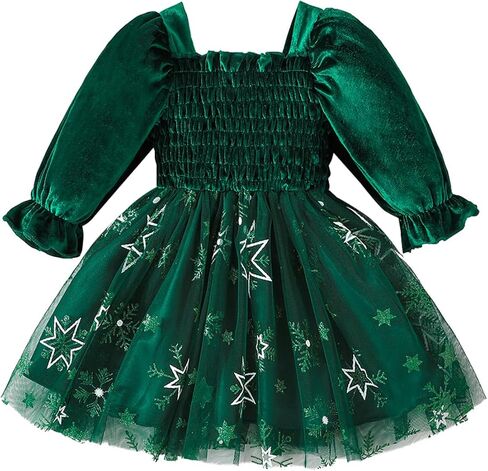 Toddler Girls Velvet Tulle Tutu Dress Baby Girls Fall Winter Long Sleeve Smocked Snowflake Christmas Birthday Party Dress in Saudi Arabia