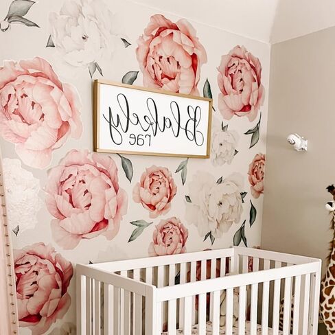 Wonder Space Jumbo Peony Watercolor Wall Decals - Large Size Peonies Flowers Leaves Room Wall Stickers - Scandinavian Design - Beige/White - Matte Opaque Version in Saudi Arabia