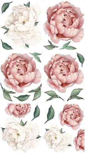 Wonder Space Jumbo Peony Watercolor Wall Decals - Large Size Peonies Flowers Leaves Room Wall Stickers - Scandinavian Design - Beige/White - Matte Opaque Version in Saudi Arabia