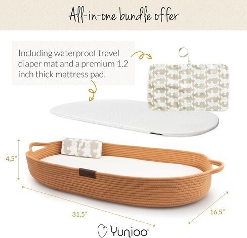 XL Reinforced Baby Changing Basket with Extra Travel Diaper pad, Foldable Baby Changing Pad with Water Repellent Cover, Cotton Rope Baby Basket, Changing Table Topper for Dresser (Brown) in Kuwait