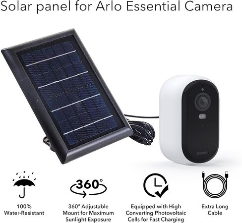 Wasserstein Solar Panel Compatible with Arlo Essential 2K Outdoor Security Camera (2nd Gen) / XL (2nd Gen) & Essential Spotlight (Camera NOT Included) - (1-Pack, Black) in Saudi Arabia