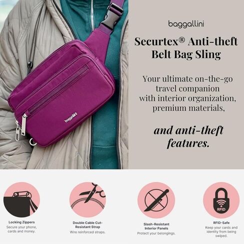 حقيبة حزام Baggallini مضادة للسرقة - 9'x5' Securtex Fanny Pack Sling Crossbody Bag RFID - قفل بسحاب وسحب مائل in Kuwait