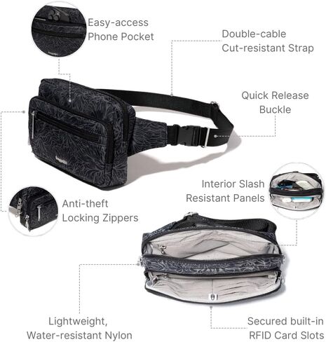 حقيبة حزام Baggallini مضادة للسرقة - 9'x5' Securtex Fanny Pack Sling Crossbody Bag RFID - قفل بسحاب وسحب مائل in Kuwait