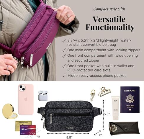 حقيبة حزام Baggallini مضادة للسرقة - 9'x5' Securtex Fanny Pack Sling Crossbody Bag RFID - قفل بسحاب وسحب مائل in Kuwait
