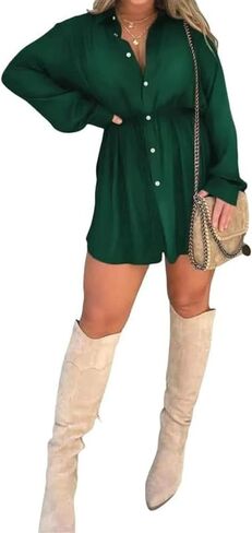 فستان رومبير مغطى بالساتان، مجموعة فستان ستان، فستان قميص بأزرار، فستان رومبير ستان مع شورت للنساء (1,3X-Large) in Kuwait