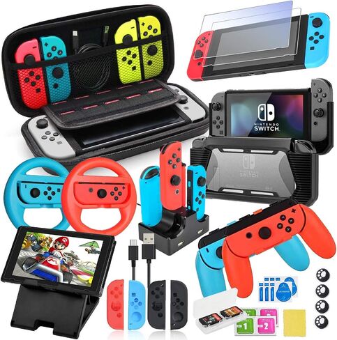 Hossili Switch Accessories Bundle for Nintendo Switch (NOT OLED Model), 23 in 1 Kit Includes Screen Protector, Carrying Case, Charging Station, Joycon Grips Racing Wheels, Charging Dock, Switch Stand in Saudi Arabia