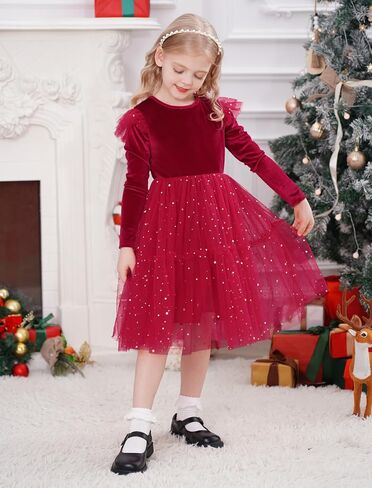 IMEKIS Toddler Kid Girl Christmas Velvet Dress Sparkle Tulle Pageant Party Fall Winter Wedding Xmas Holiday Dress 1-6T in Kuwait