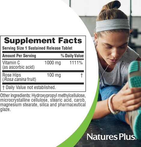 Natures Plus فيتامين C مع الوركين الوردية، إطلاق مستدام - 1000 ملغ من حمض الأسكوربيك، 60 قرص نباتي - خالي من الغلوتين - 60 وجبة in Kuwait
