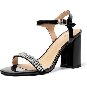 DEMOSHINE Womens Patent Office Open Toe Rhinestone Ankle Strap Round Toe Casual Buckle Block High Heel Heeled Sandals 3.3 Inch
