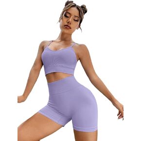 Floerns Women's Workout Sets 2 Piece Criss Cross Back Sport Bra with Yoga Shorts