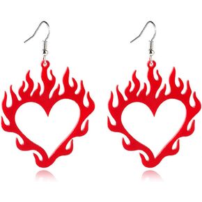 Lightweight Acrylic Flame Heart Dangle Earrings Punk Fire Element Hip Hop Fire Element Geometric Trident Earrings for Women Girls Halloween Jewelry Gifts