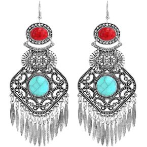 Retro Bohemia Ethnic Fan Shape Turquoise Dangle Earring Antique Gypsy Flower Tassels Drop Statement Earring for Women Girls Fashion Jewelry Gift, Zinc, No Gemstone in Kuwait