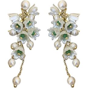 Pearl Bell Orchid Flower Threader Tassel Earrings for Women Girls Sterling Silver Post Elegant White Floral Dangle Drop Stud Earrings Long Chain Boho Statement Earrings Chic Ear Jewelry GIfts