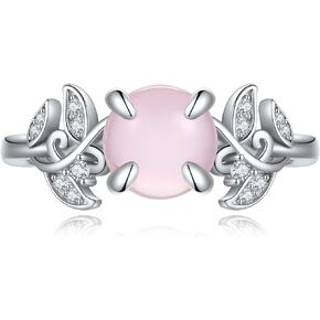 JERWLI Natural Rose Quartz Rings 925 Sterling Silver Leaf Rose Quartz Ring Women Rose Quartz Jewelry