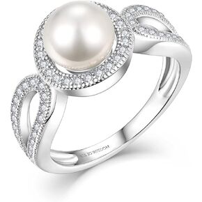 JO WISDOM Women Pearl Ring,925 Sterling Silver Cubic Zirconia Infinity Pearl Ring with 7.5mm White Freshwater Cultured Pearl