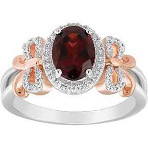 Jewelili Enchanted Disney Fine Jewelry 14K Rose Gold Over Sterling Silver 8x6 MM Oval Shape Red Garnet and 1/6 Cttw Natural White Round Diamonds Snow White Bow Ring