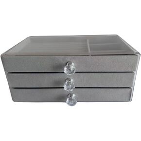 Acrylic Jewelry Box 3 Drawers,Clear Jewelry Organizer Velvet Rings Necklaces Earring Bracelets Display Case Gifts for Women Girls (Grey)