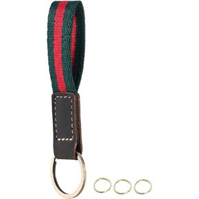 UpLook Nylon & Leather Key Chain Striped Lanyard Keychain with 3 Key Rings Stylish Key FOB Car Key Holder House Key Organizer