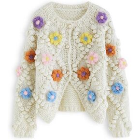 CHICWISH Women's Cream Button Up Floral Pom-Pom Knit Cardigan