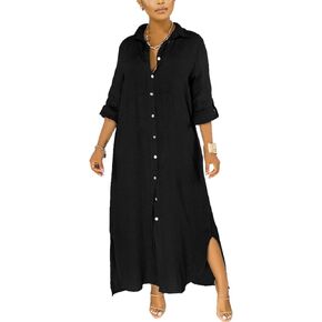 nqgsntc Women V Neck Rolled Up Sleeve Lining Dress Button Down Side Slit Shirt Maxi Dresses