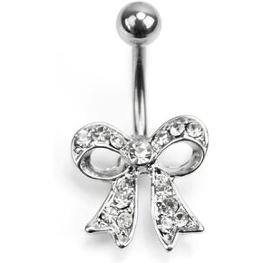 Lenacou Bow Belly Button Rings 14G Silver Surgical Stainless Steel Navel Barbell Stud Cubic Zirconia Body Piercing
