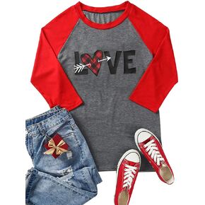 Women Valentine's Day Shirts Plus Size Raglan Love Heart Arrow Baseball Shirts Letter Print 3/4 Sleeve Graphic Tee Shirts