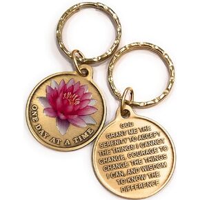 Pink Lotus Flower One Day at A Time Serenity Prayer Keychain