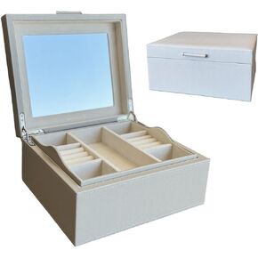 PU Leather Jewelry Organizer Box 2-Layers Jewelry Storage Case Large Capacity Jewelry Box Gift for Women Girls Gray
