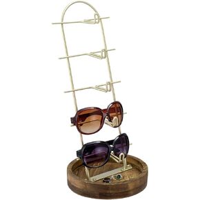MyGift 5 Tier Modern Sunglasses Display Stand, Brass Metal Eyewear Organizer Rack with Burnt Wood Base Tray