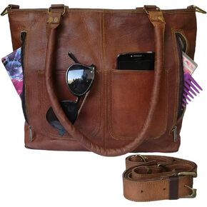 Madosh Genuine Leather Tote Bag Office Laptop Bag Travel Shoulder Bag Brown Everyday Purse