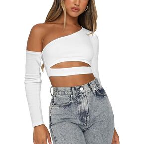 Rooscier Women's One Shoulder Cut Out Waist Long Sleeve Slim Fit Casual Crop Top Blouse
