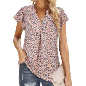 VALOLIA Women's Chiffon Blouse Ruffle V Neck Short Sleeve Summer Shirt Tops