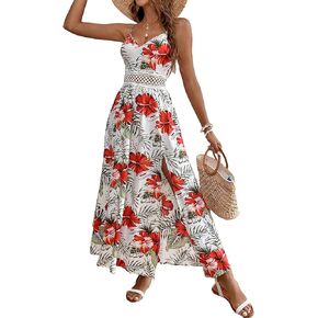 Verdusa Women's Tropical Print Sleeveless V Neck Split Thigh Cami Maxi Dress