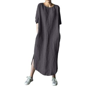 AUDATE Women's Maxi Dress Solid Plus Size Loose Cotton Linen Long Dresses with Pockets