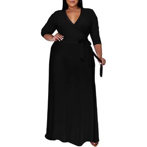 Plus Size Maxi Dress for Women - 3/4 Sleeve V Neck Printing Dresses for Women with Belt 2XL-6XL