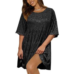 Sequin Babydoll Mini Dress,Sparkly Glitter Dress Short Flowy Tiered Tunic Dress for Women Party Club Night Out