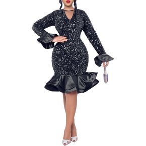 Cololura Women Elegant Sexy Sequin Ruffle Long Sleeve Bodycon Mermaid Cocktail Formal Party Ball Gown Midi Dress