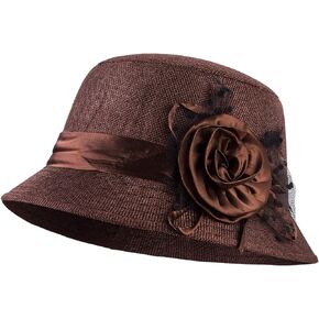 VIJIV Women's Vintage 1920s Gatsby Hat Linen Bucket Cloche Derby Church Hat for Cocktail Party with Floral 56-58cm