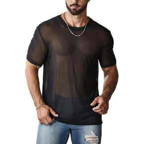 OYOANGLE Men's Sheer Mesh Short Sleeve Round Neck T Shirts Solid Plain See Through Party Tops